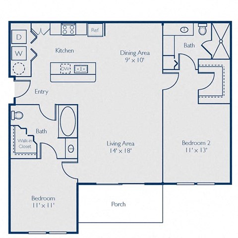 Floor plan for 2 beds, 2 baths, 1091 sqft