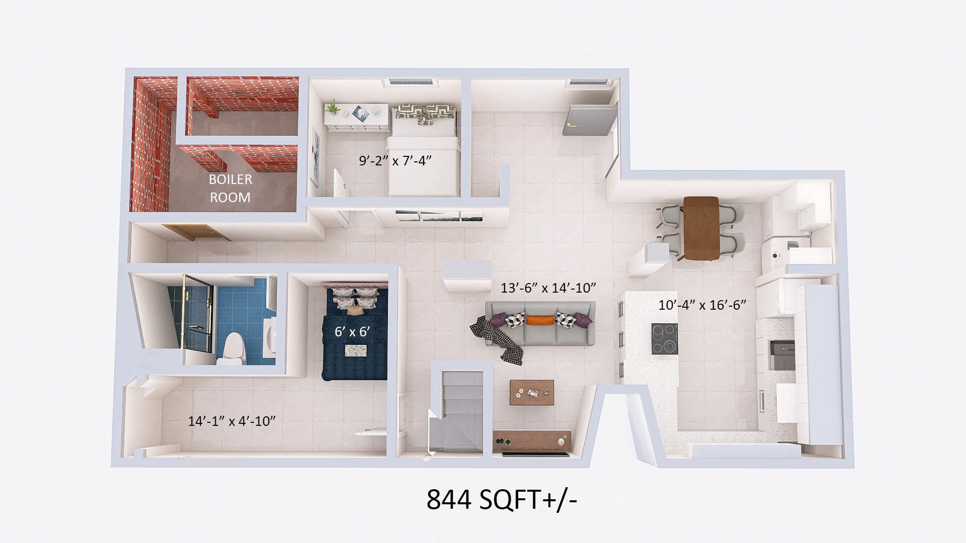 Floor plan for 2 beds, 1 bath, 844 sqft