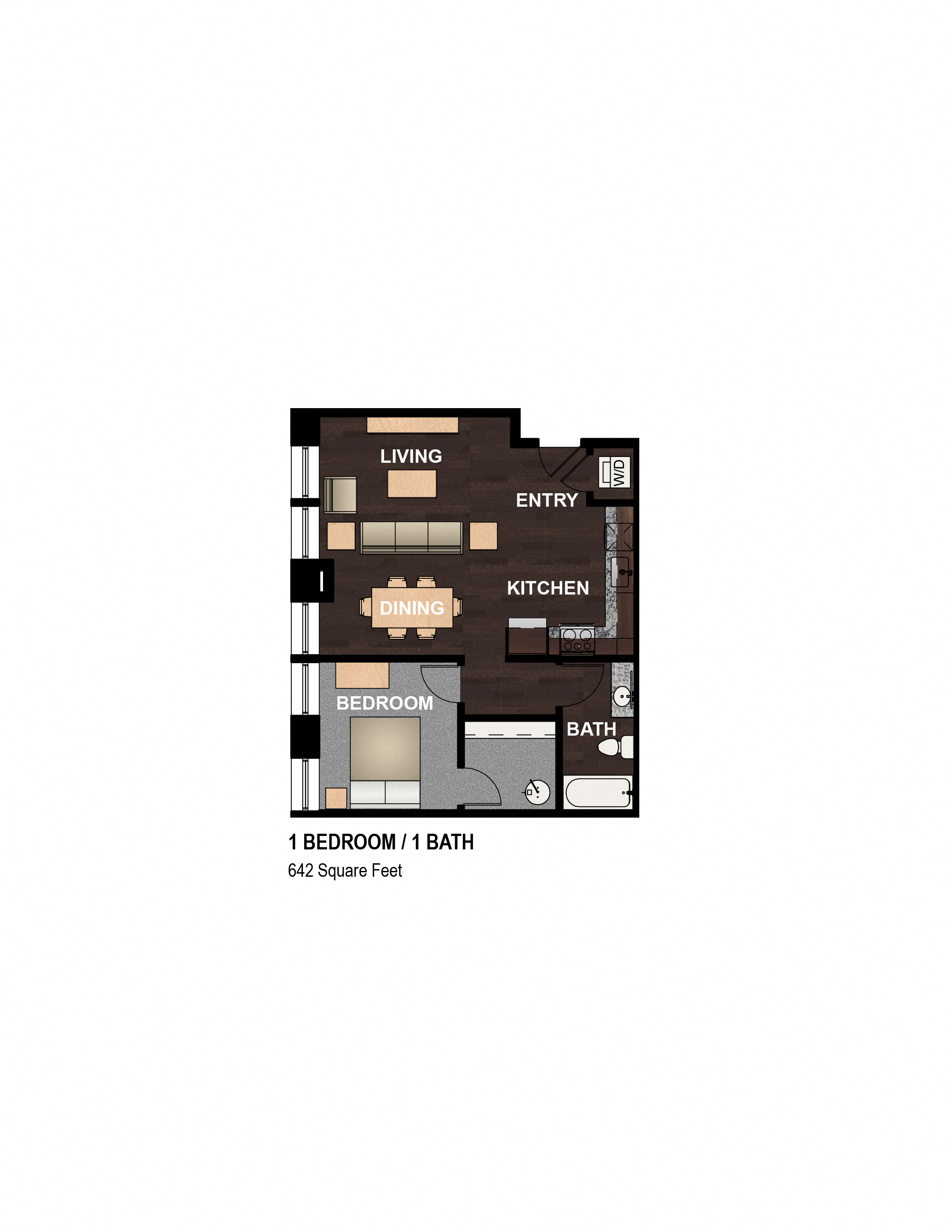 Floor plan for 1 bed, 1 bath, 740 sqft