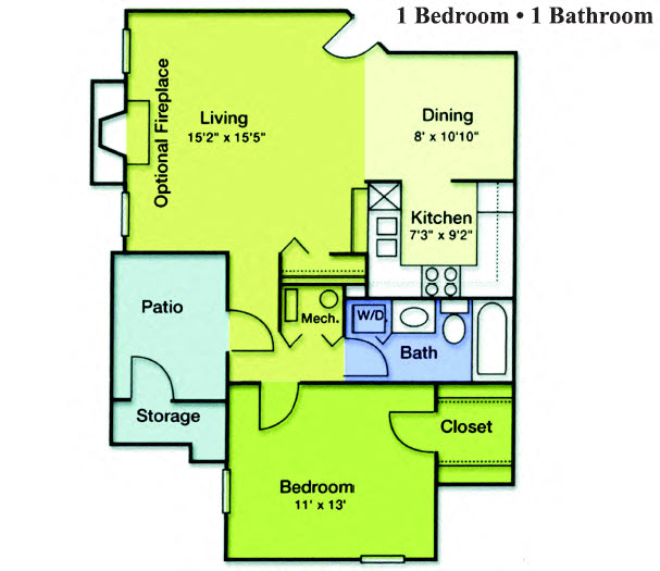 Floor plan for 1 bed, 1 bath, 746 sqft