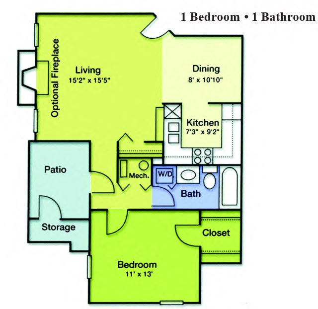 Floor plan for 1 bed, 1 bath, 746 sqft
