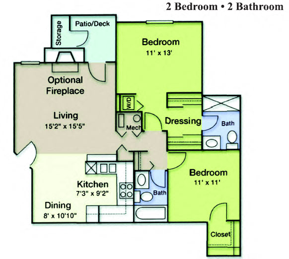 Floor plan for 2 beds, 2 baths, 979 sqft