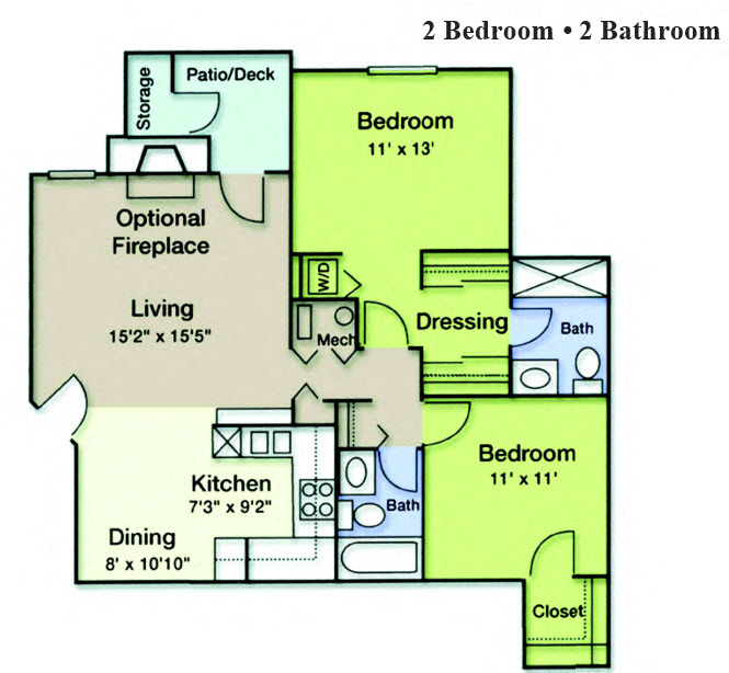 Floor plan for 2 beds, 2 baths, 979 sqft