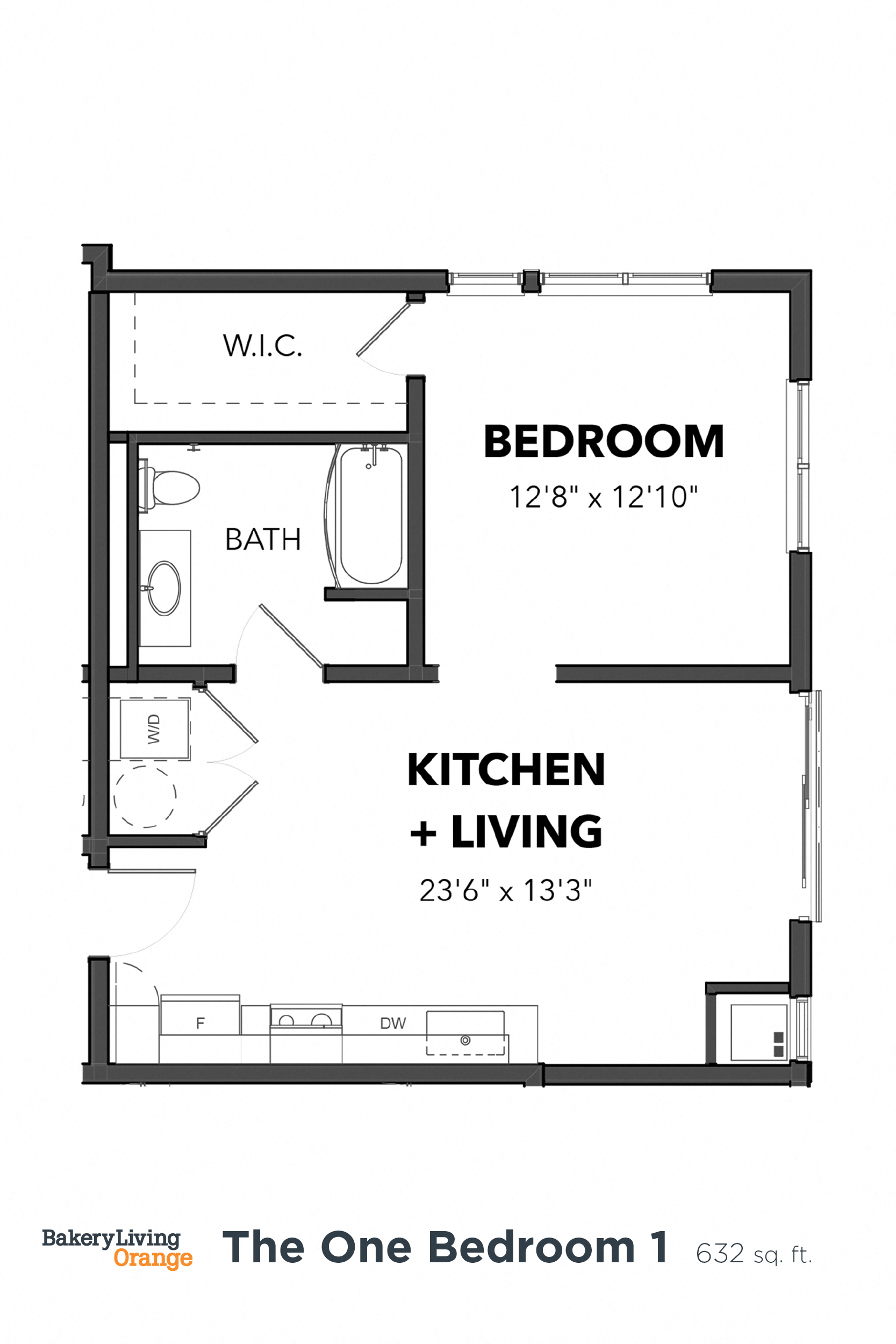 Floor plan for 1 bed, 1 bath, 632 sqft