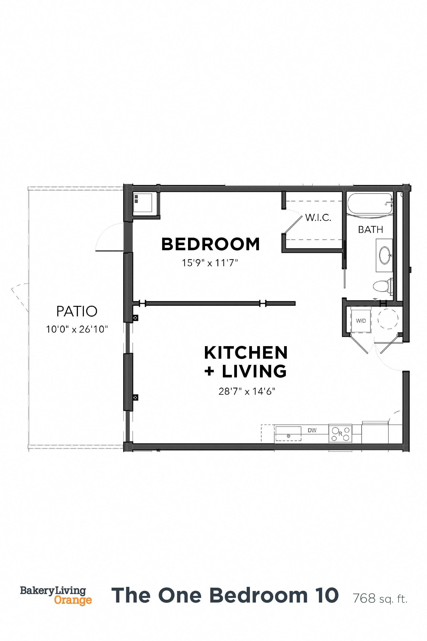 Floor plan for 1 bed, 1 bath, 710 sqft