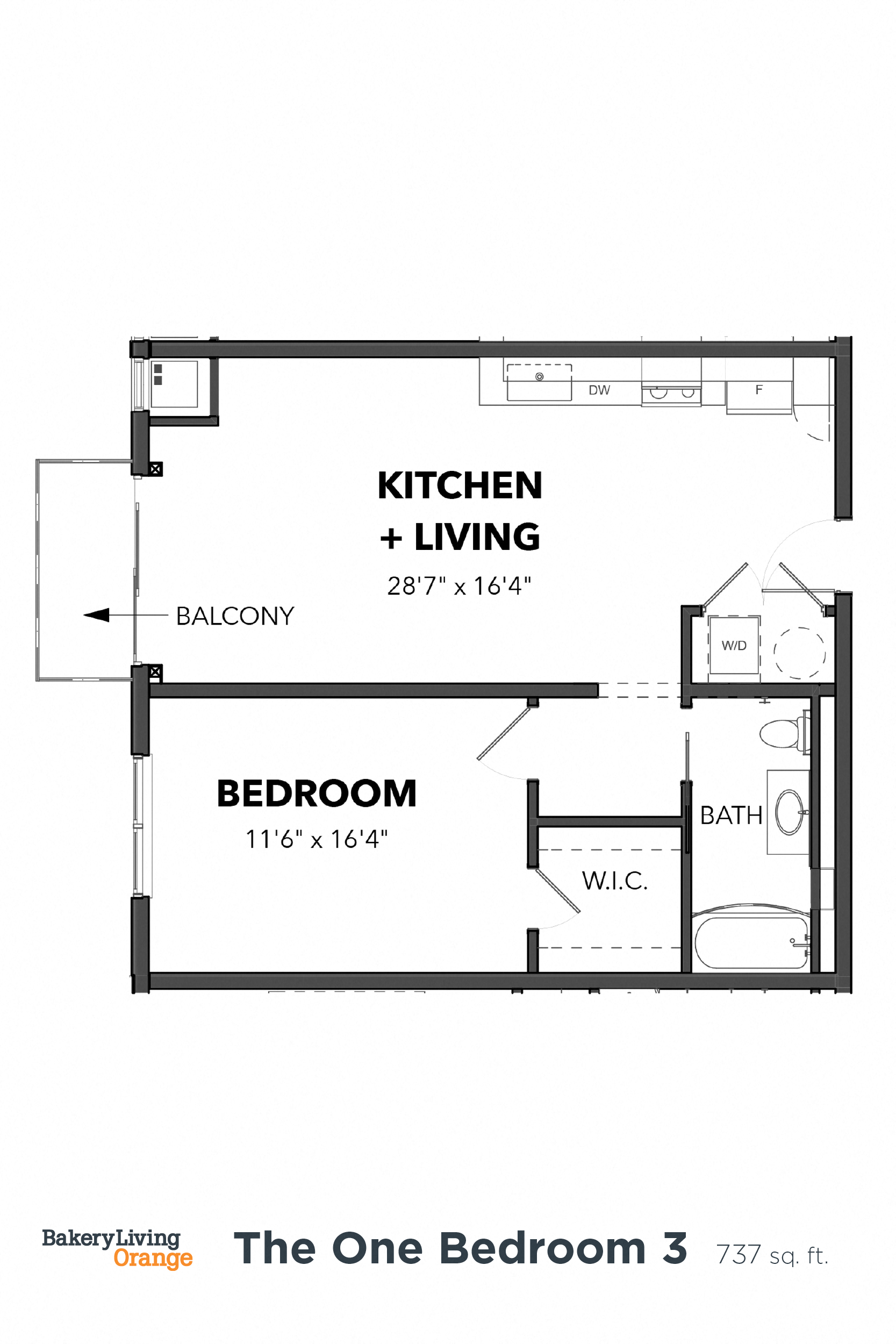 Floor plan for 1 bed, 1 bath, 737 sqft