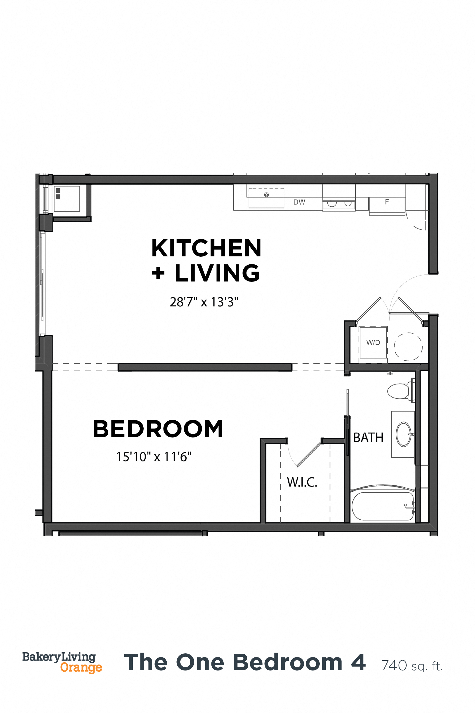 Floor plan for 1 bed, 1 bath, 740 sqft