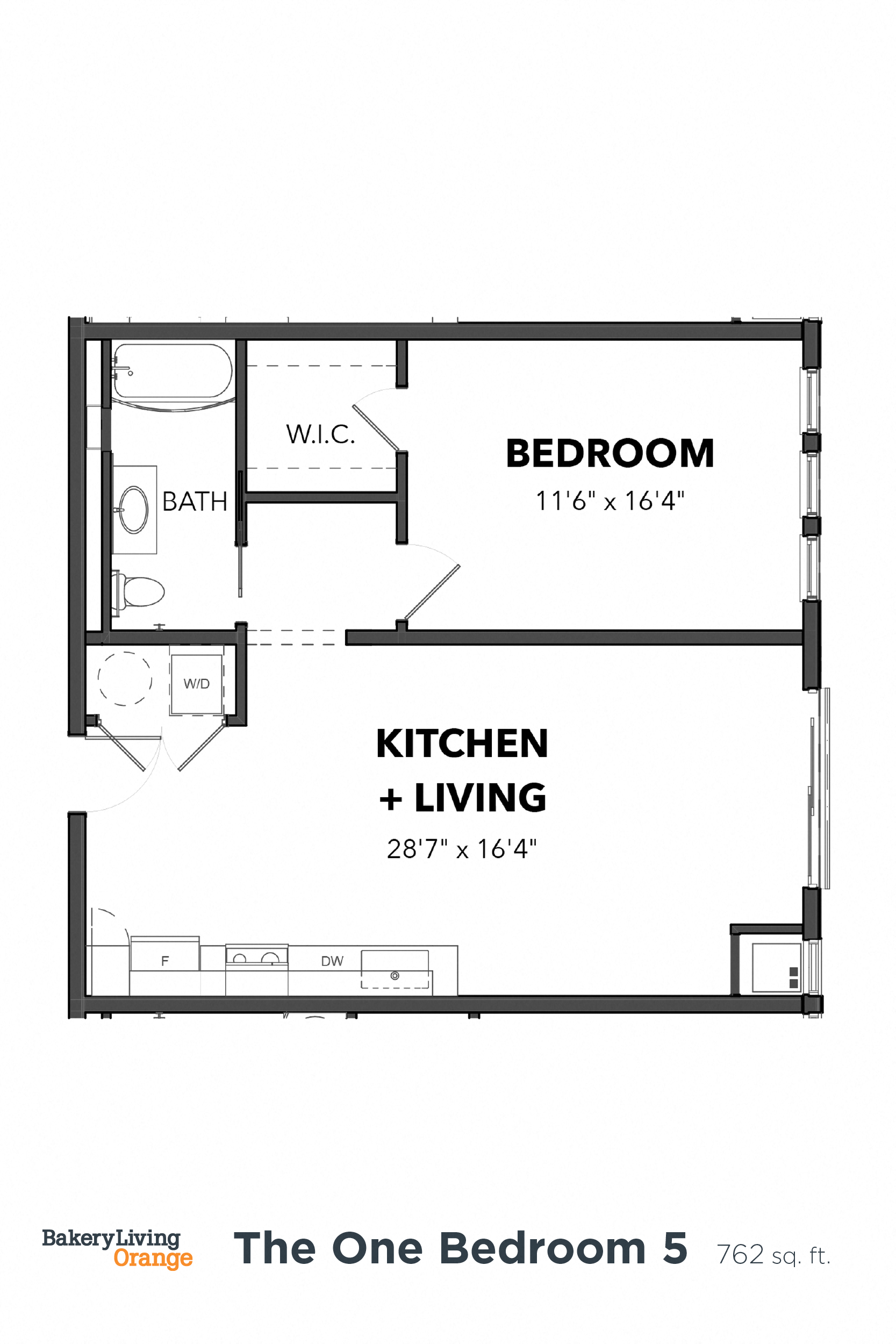 Floor plan for 1 bed, 1 bath, 762 sqft