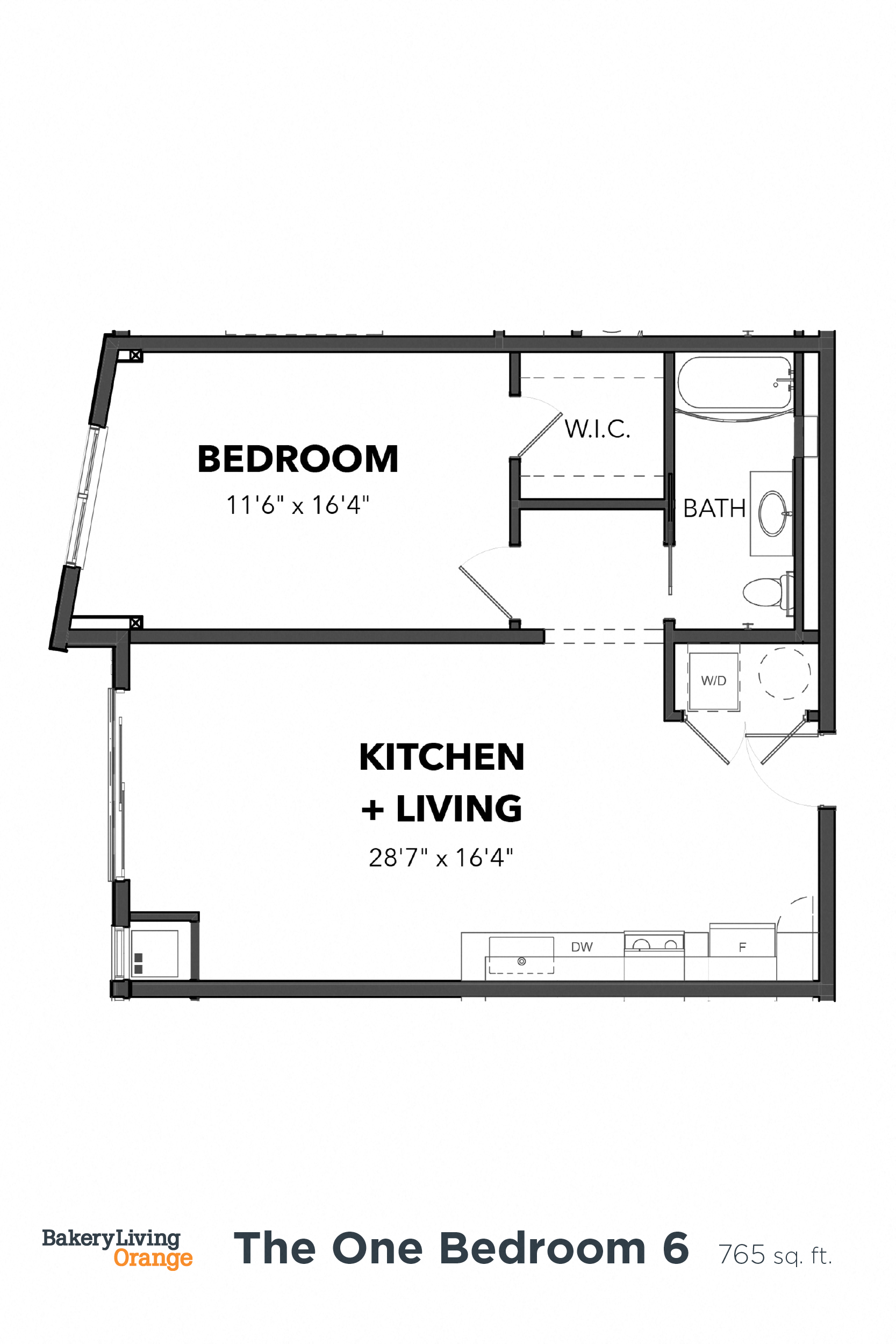 Floor plan for 1 bed, 1 bath, 765 sqft