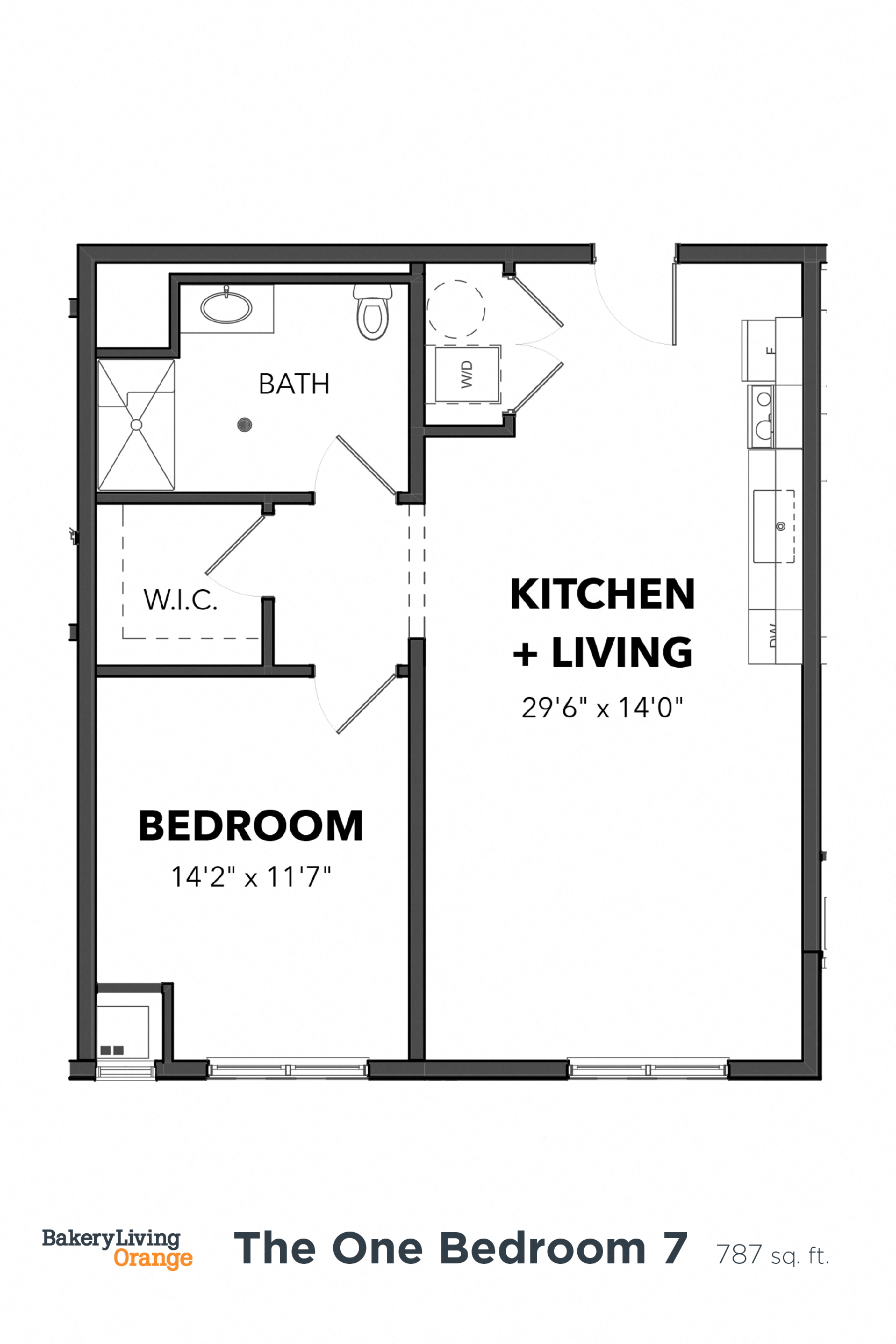 Floor plan for 1 bed, 1 bath, 787 sqft