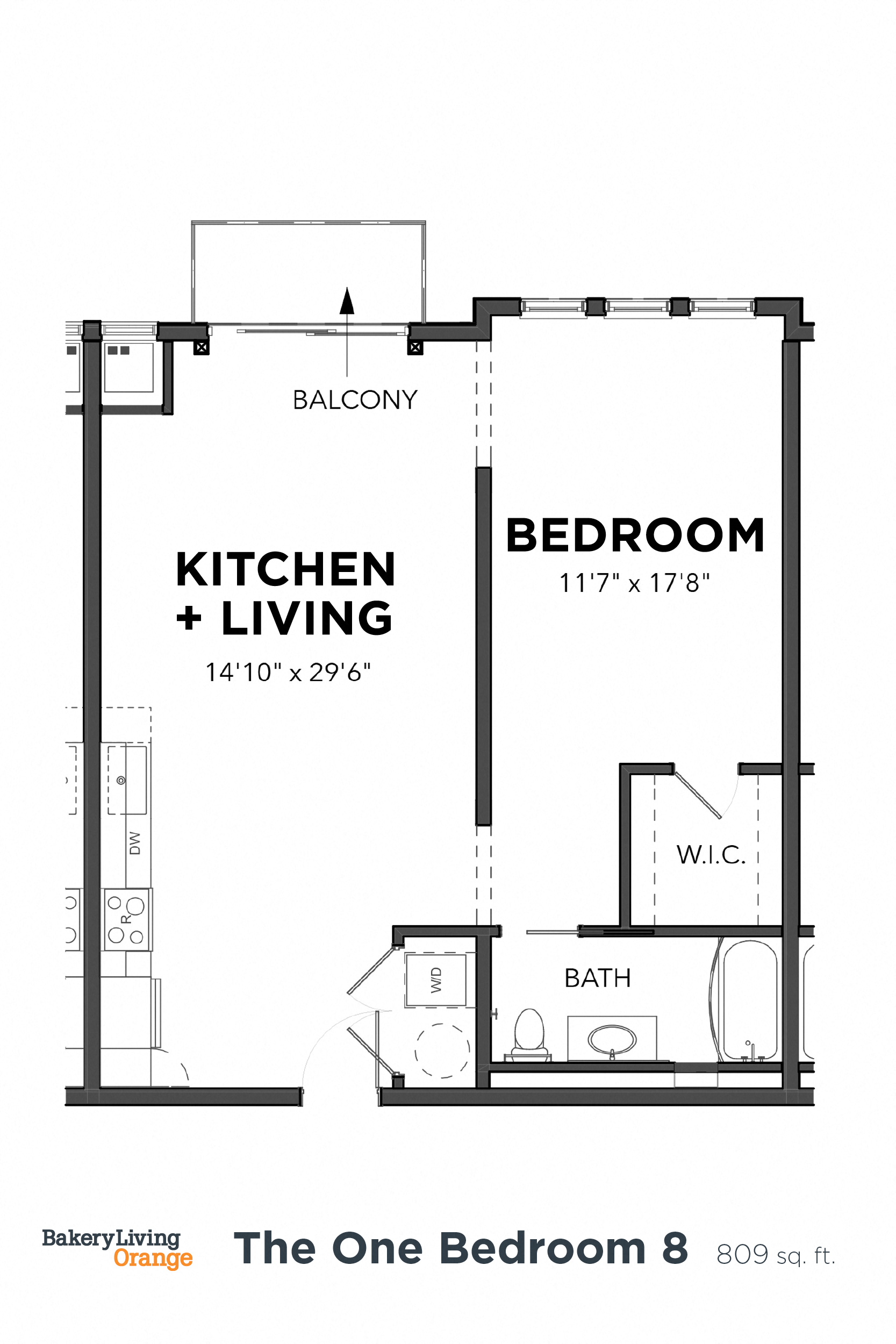 Floor plan for 1 bed, 1 bath, 809 sqft