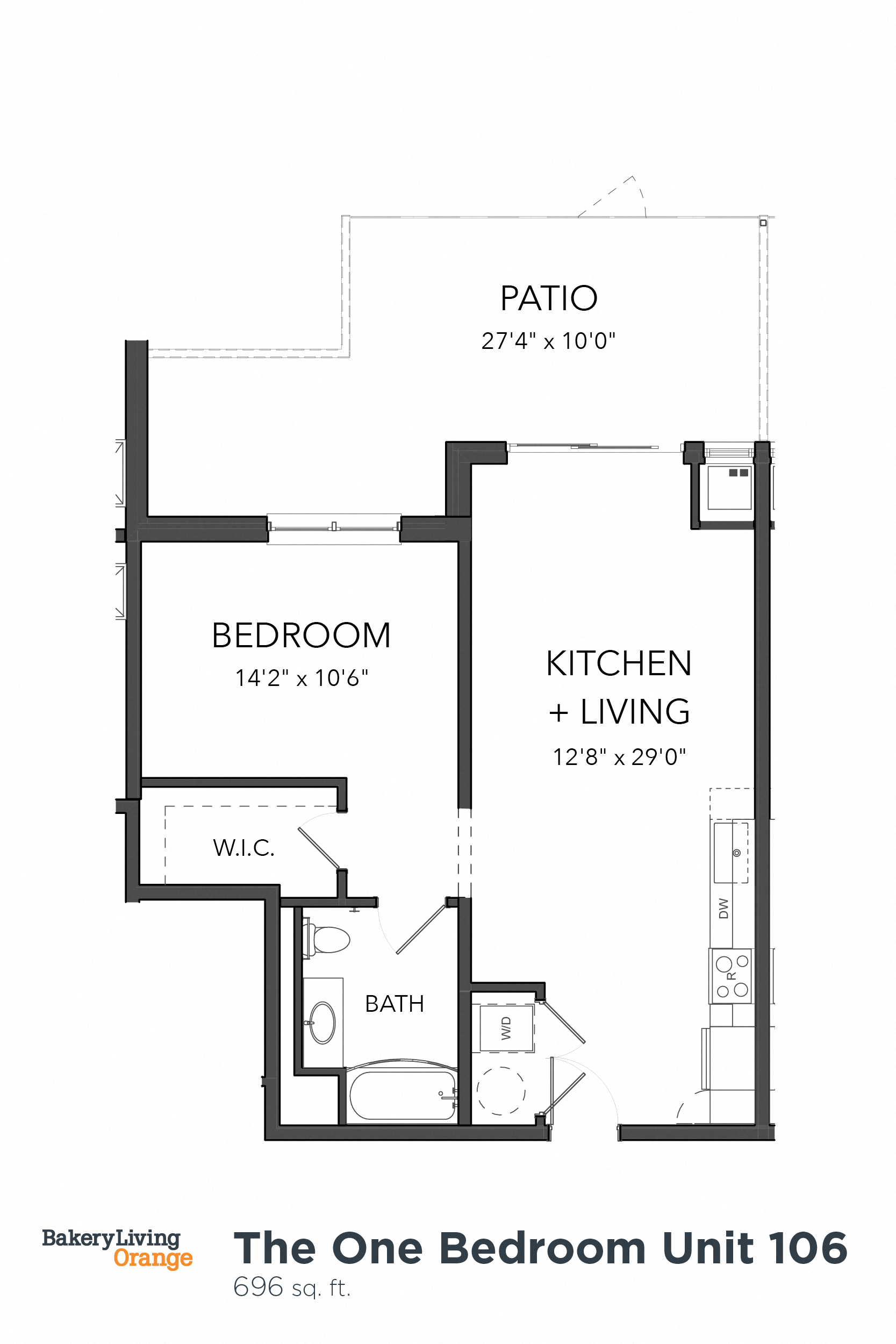 Floor plan for 1 bed, 1 bath, 710 sqft