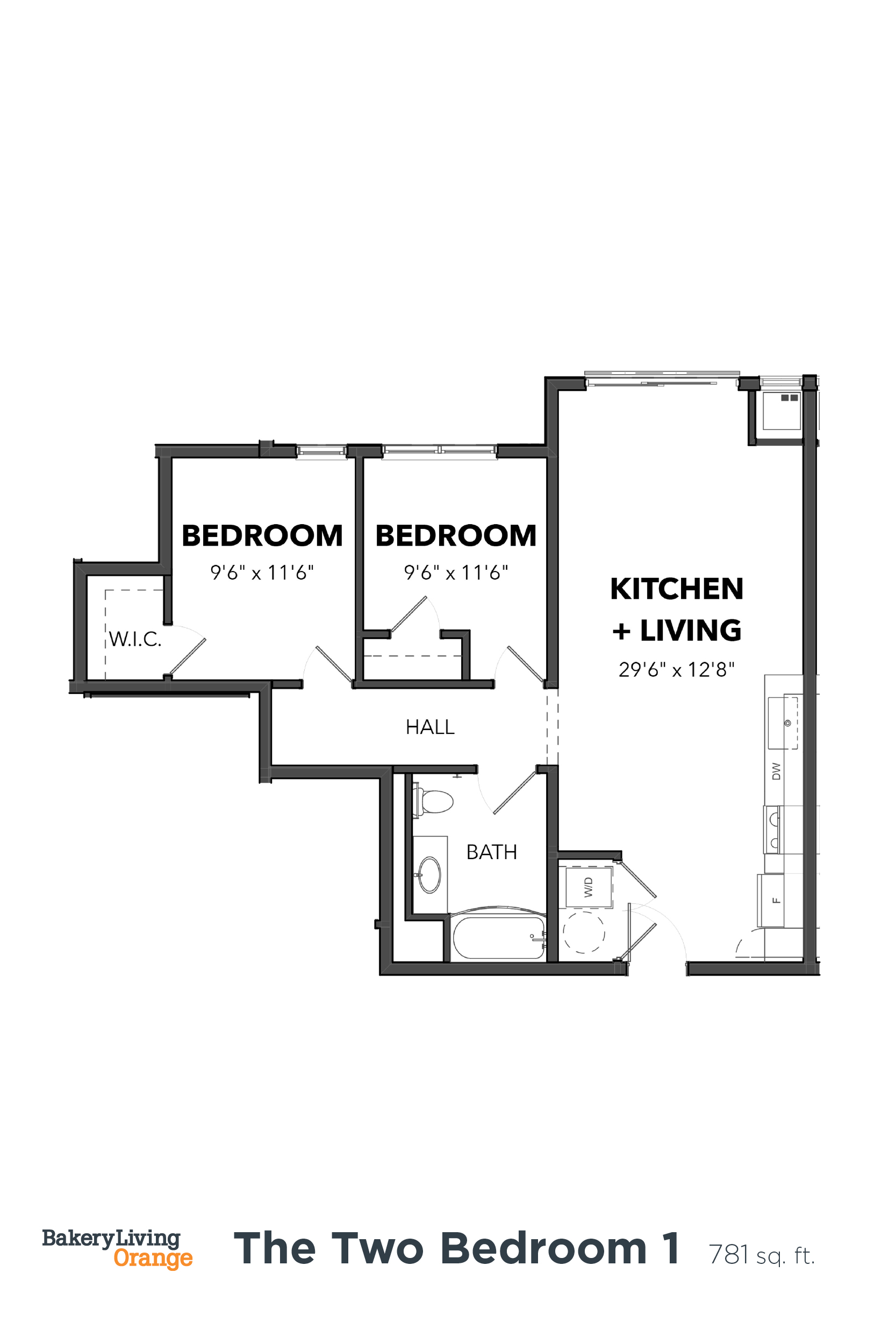 Floor plan for 2 beds, 1 bath, 781 sqft