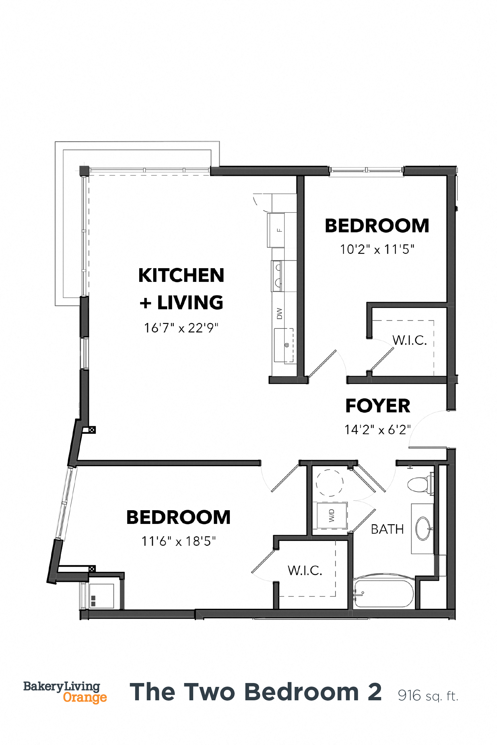 Floor plan for 2 beds, 1 bath, 916 sqft