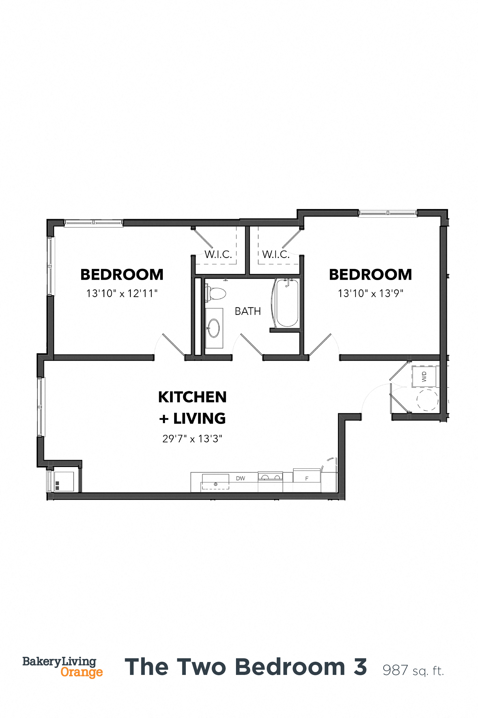 Floor plan for 2 beds, 1 bath, 987 sqft