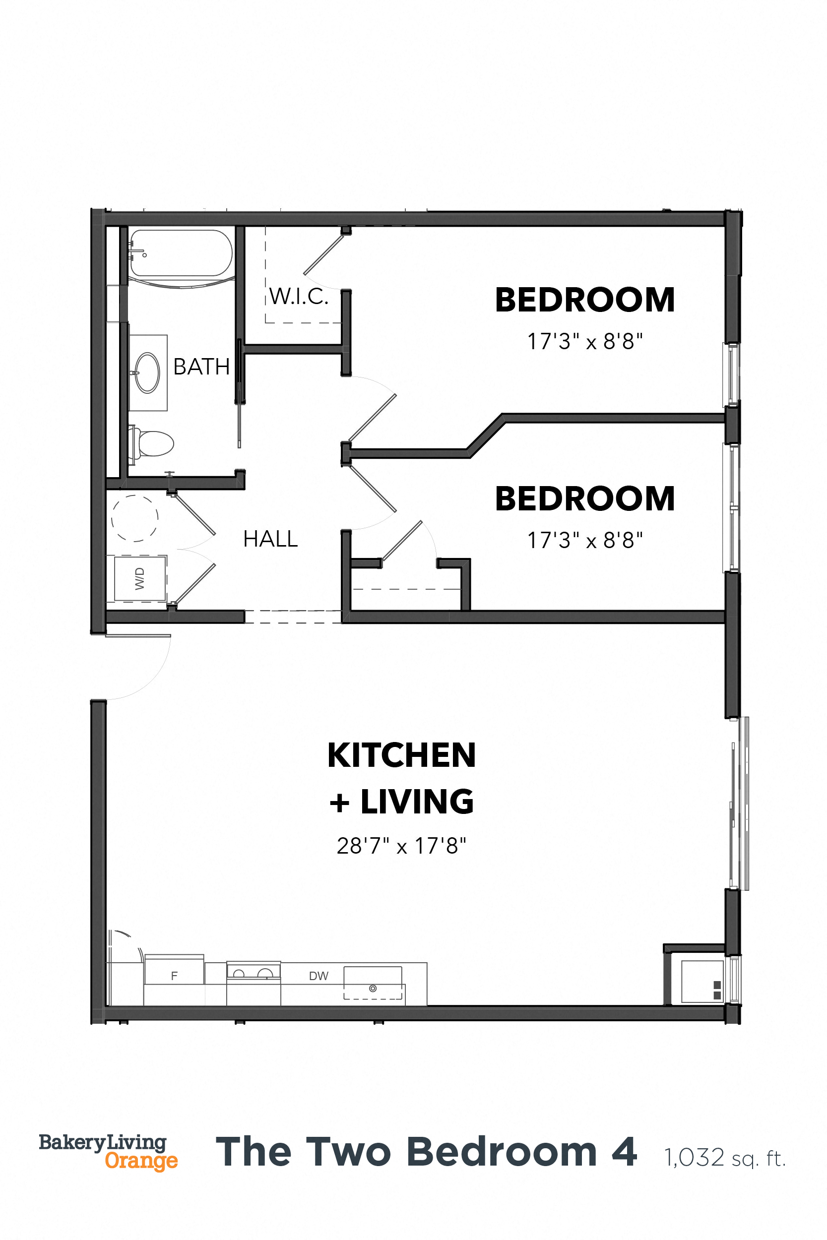 Floor plan for 2 beds, 1 bath, 1032 sqft