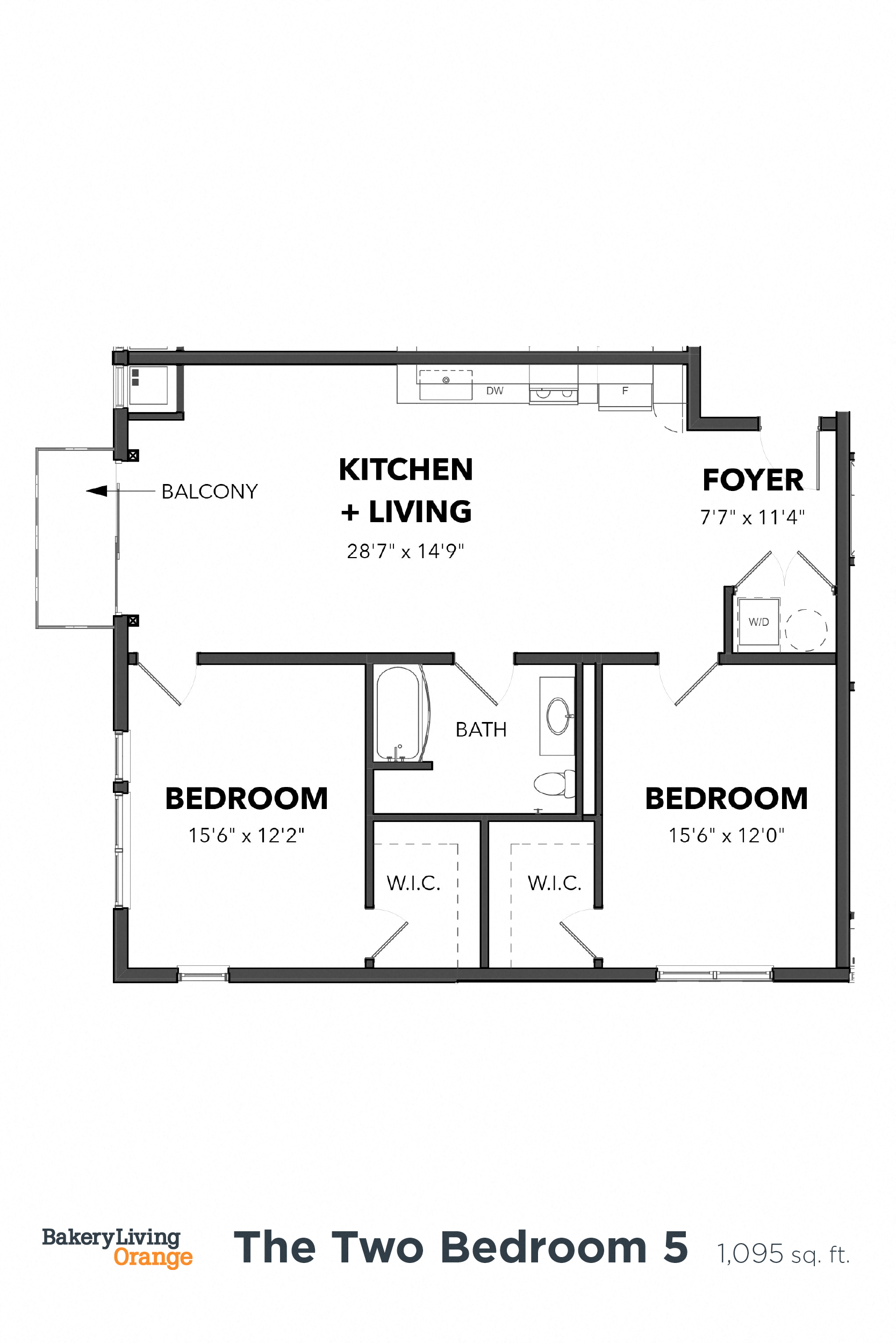 Floor plan for 2 beds, 1 bath, 1095 sqft