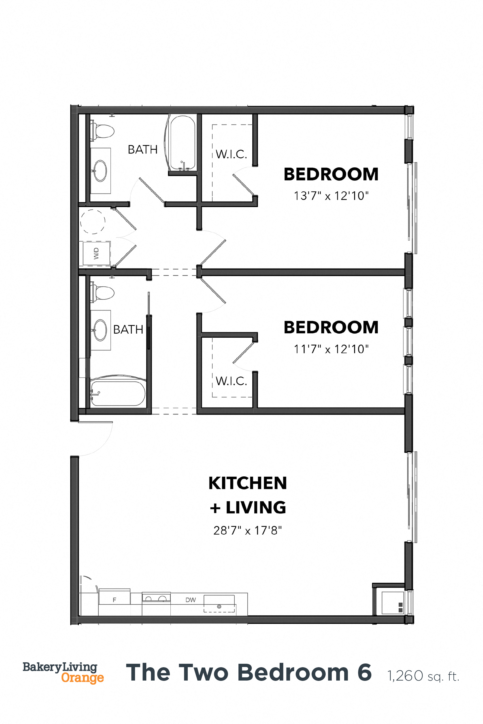 Floor plan for 2 beds, 2 baths, 1260 sqft