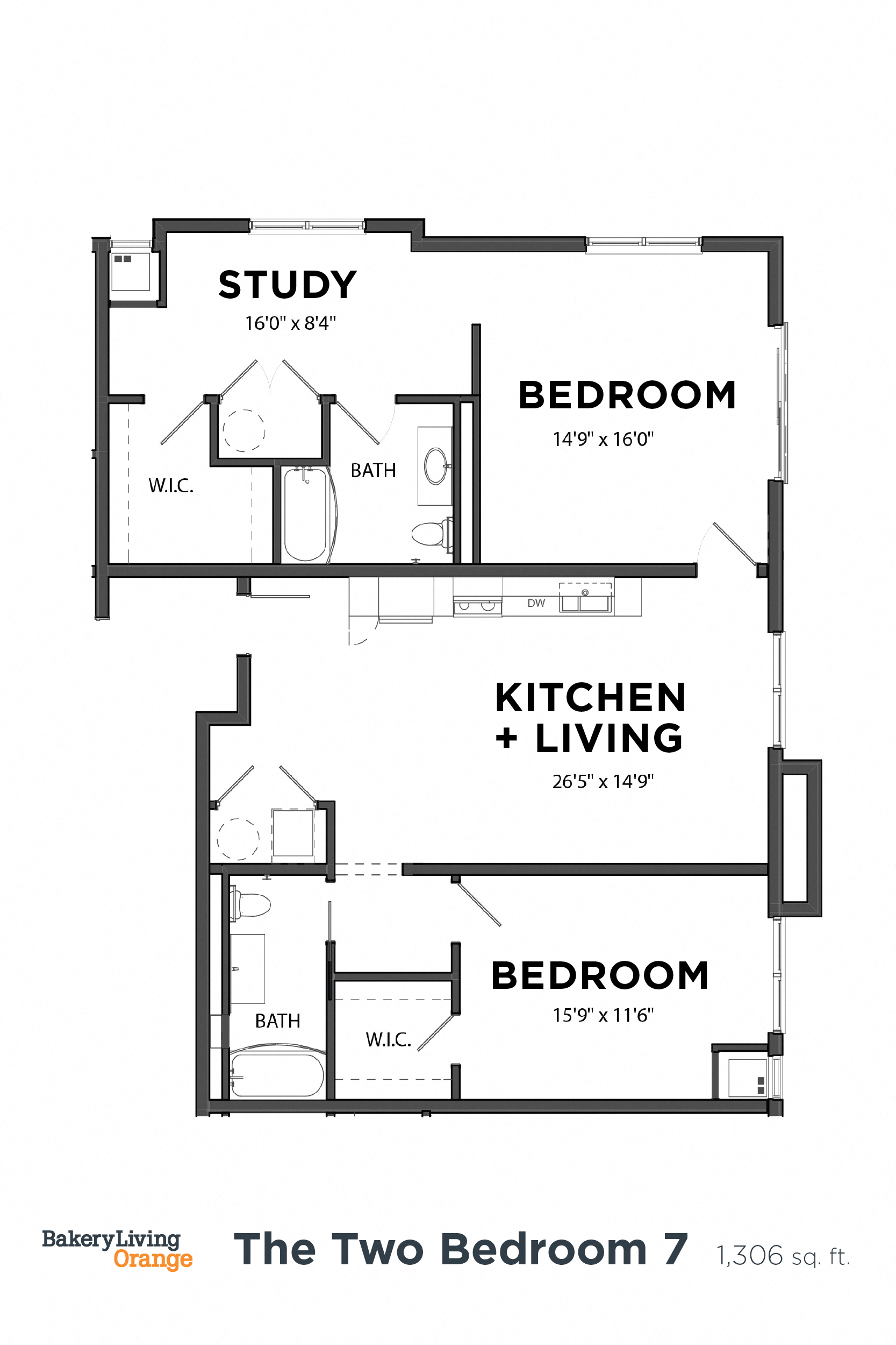Floor plan for 2 beds, 2 baths, 1305 sqft