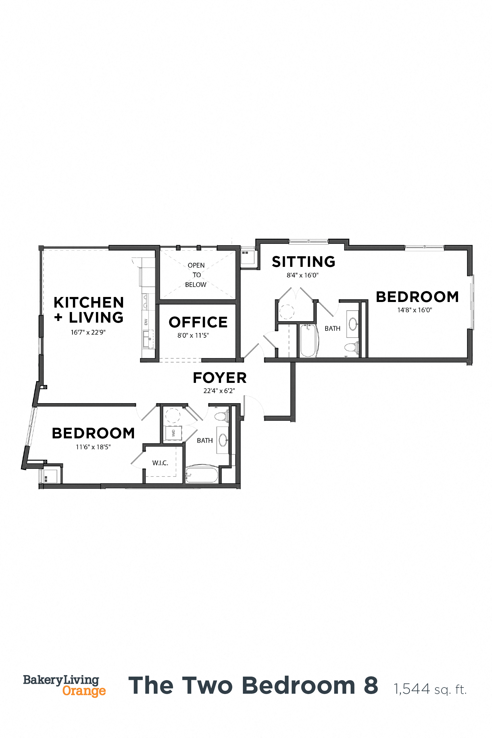 Floor plan for 2 beds, 2 baths, 1544 sqft