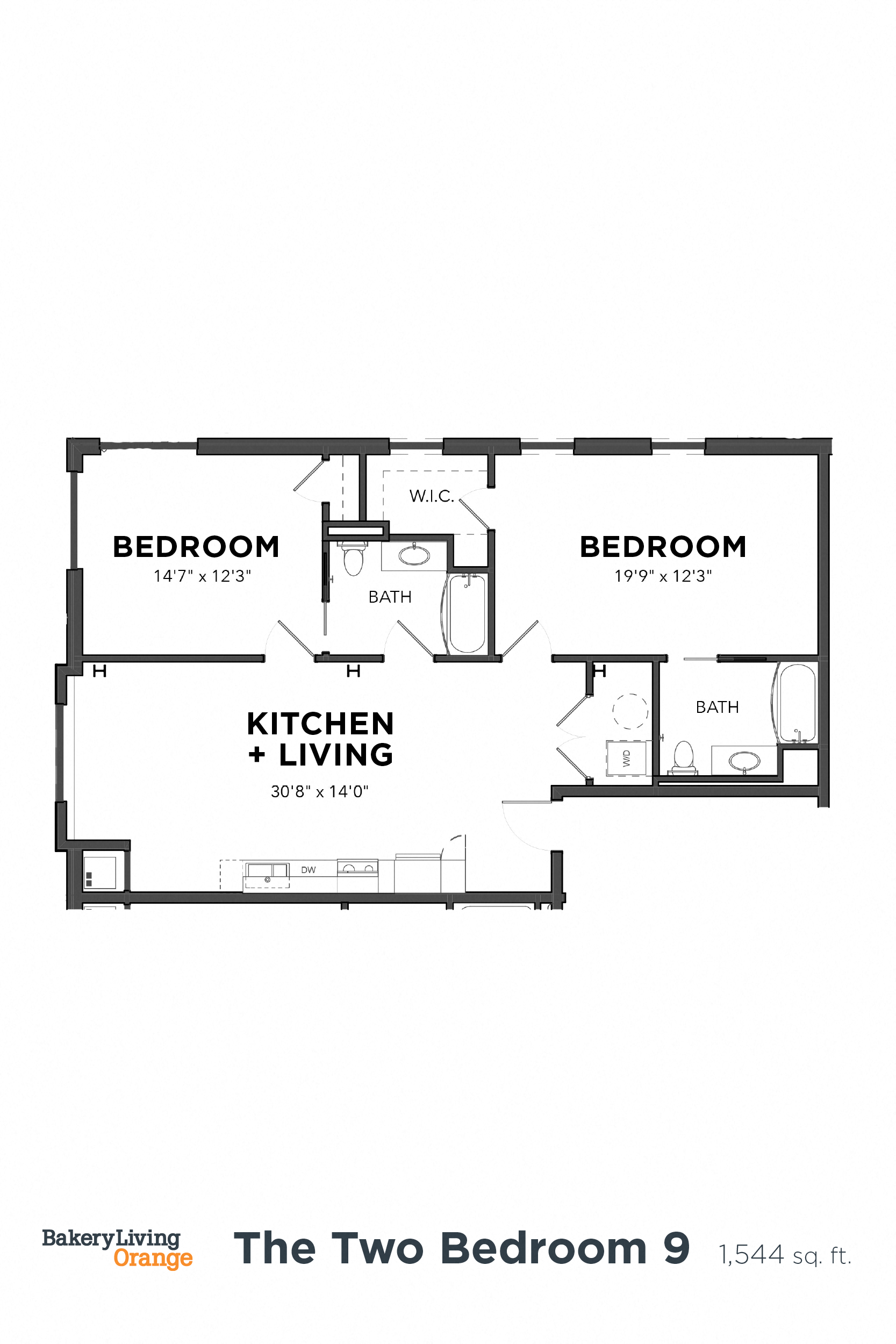 Floor plan for 2 beds, 2 baths, 1305 sqft