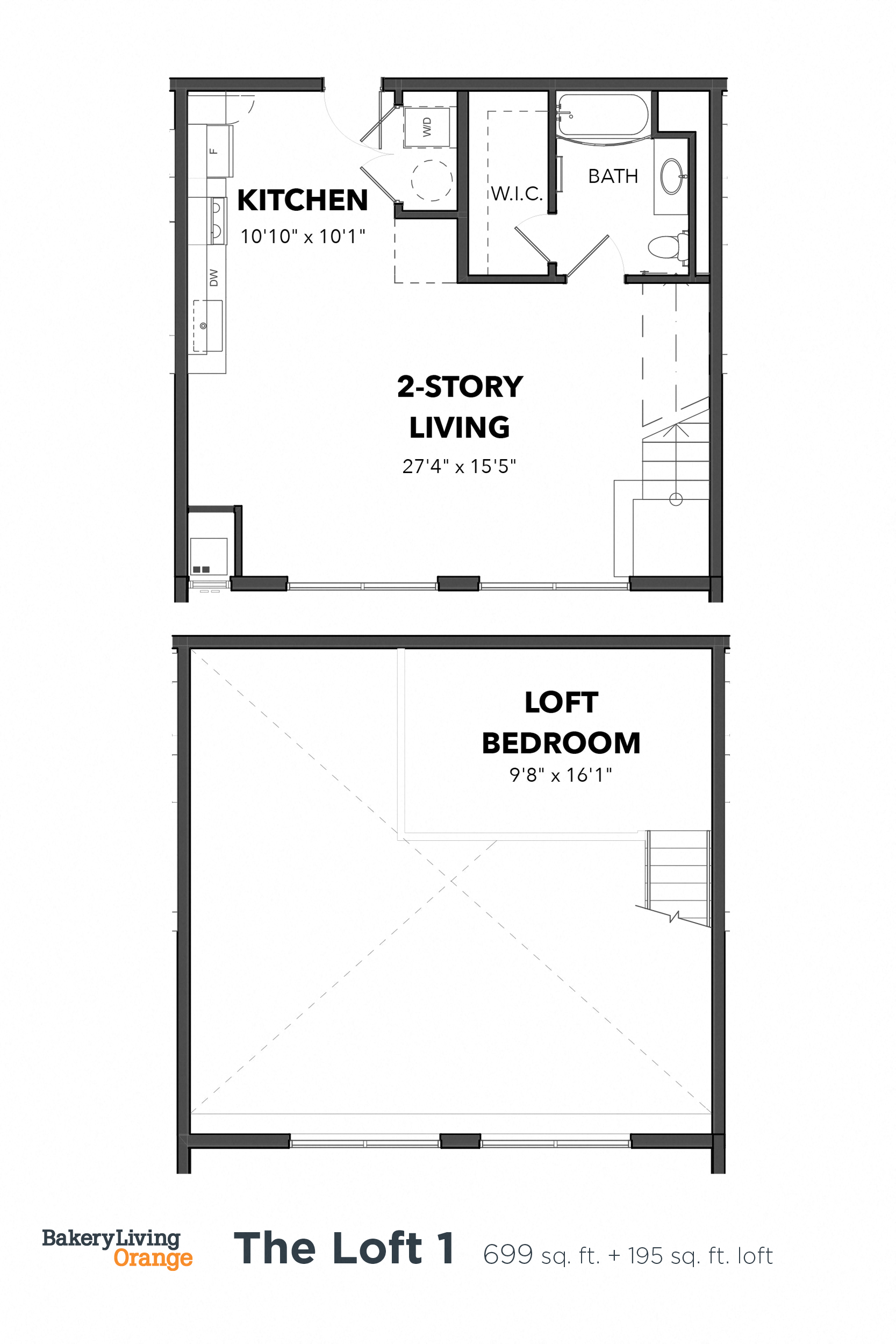 Floor plan for 1 bed, 1 bath, 894 sqft
