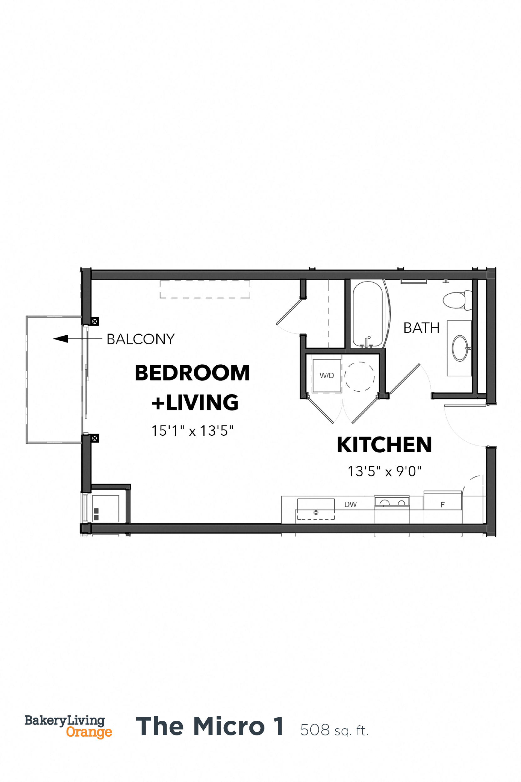 Floor plan for studio, 1 bath, 508 sqft