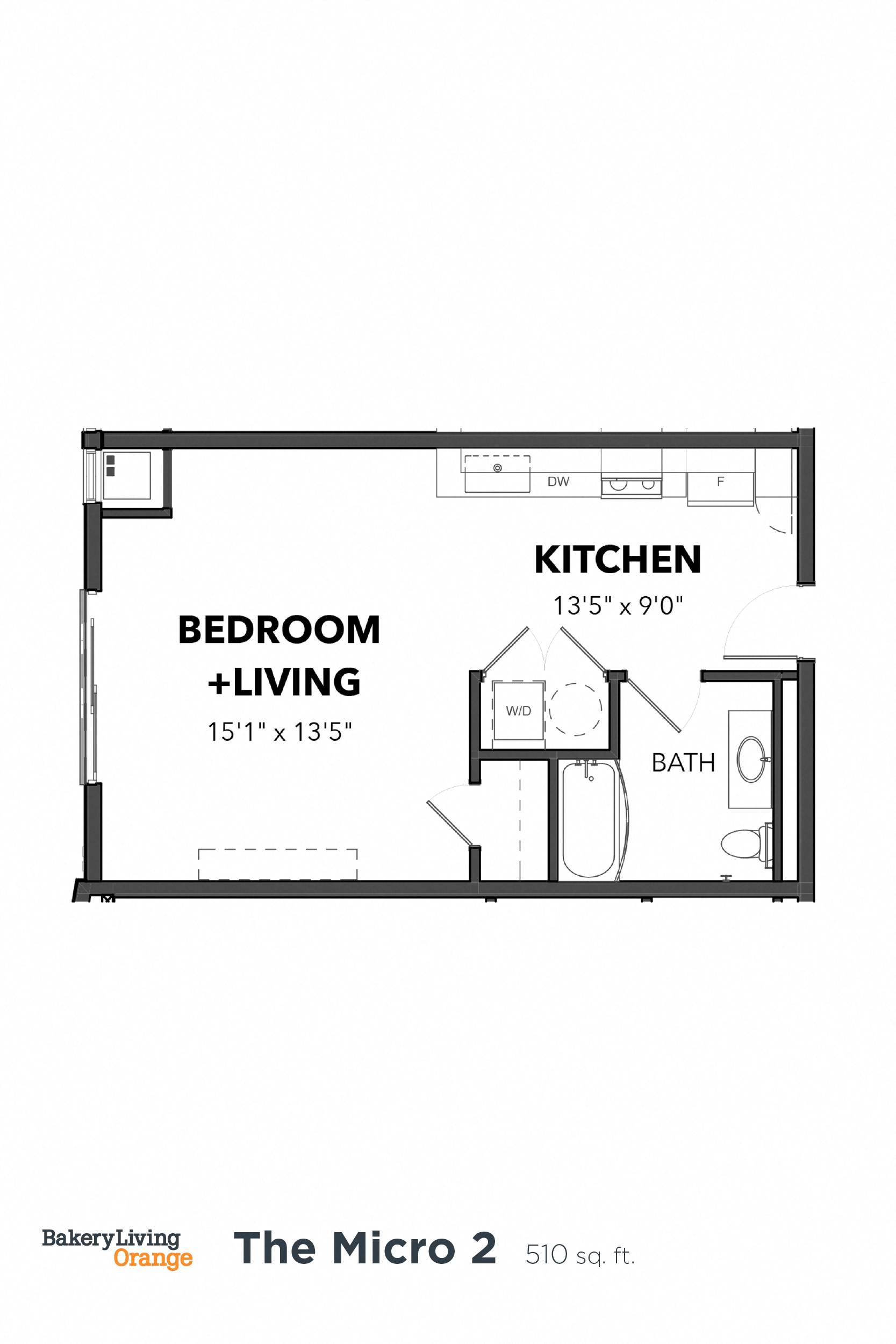 Floor plan for studio, 1 bath, 510 sqft