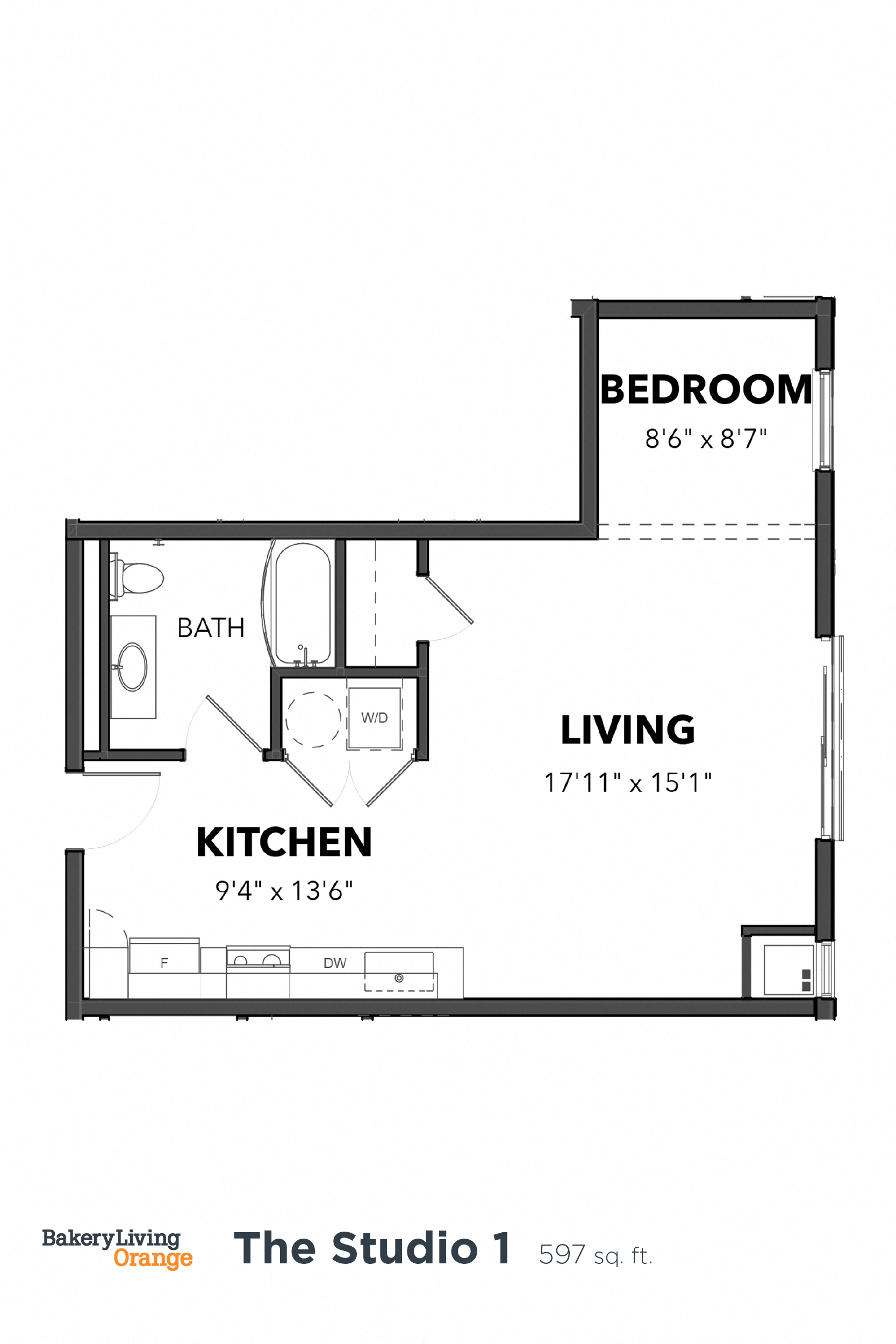 Floor plan for studio, 1 bath, 597 sqft