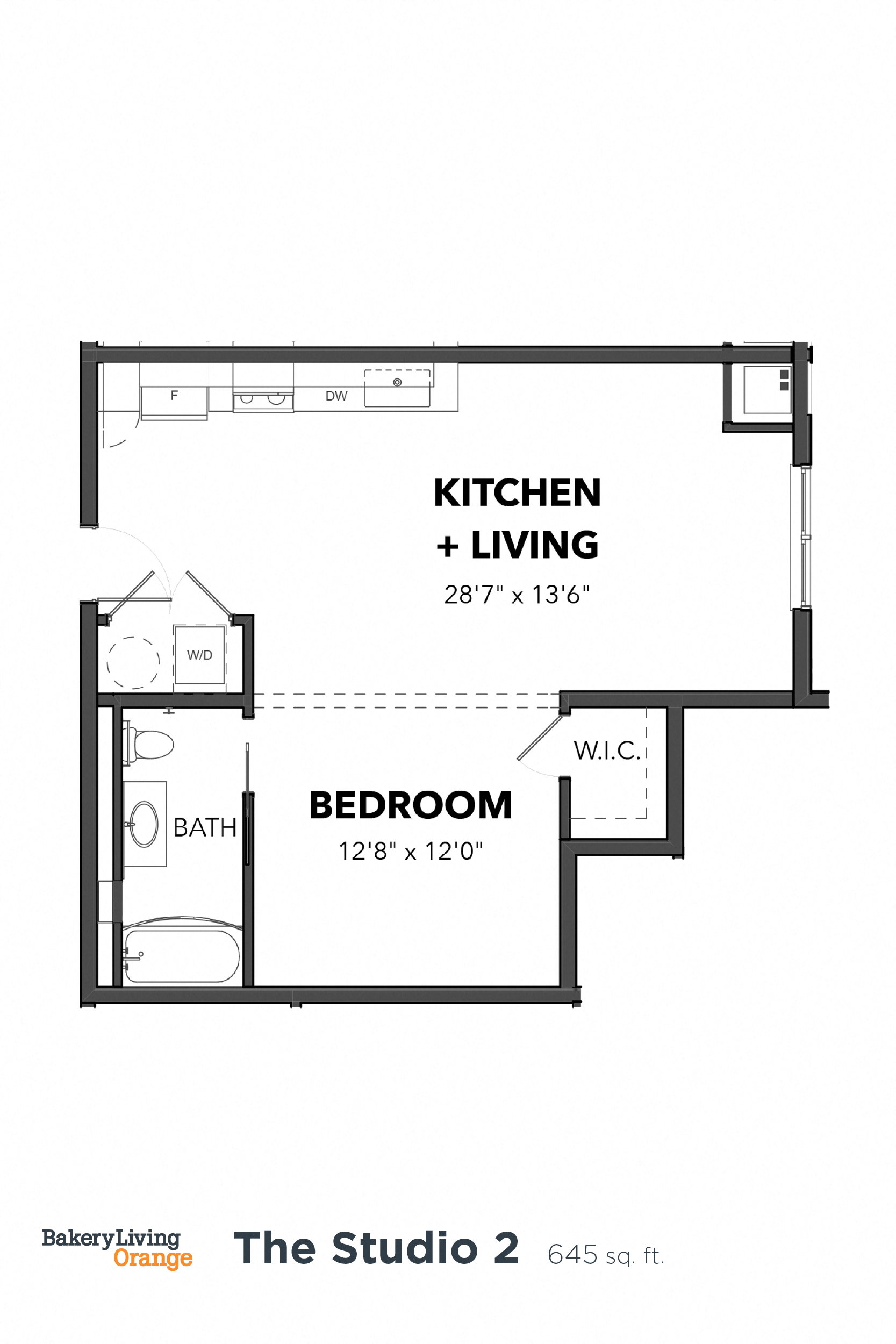 Floor plan for 1 bed, 1 bath, 645 sqft