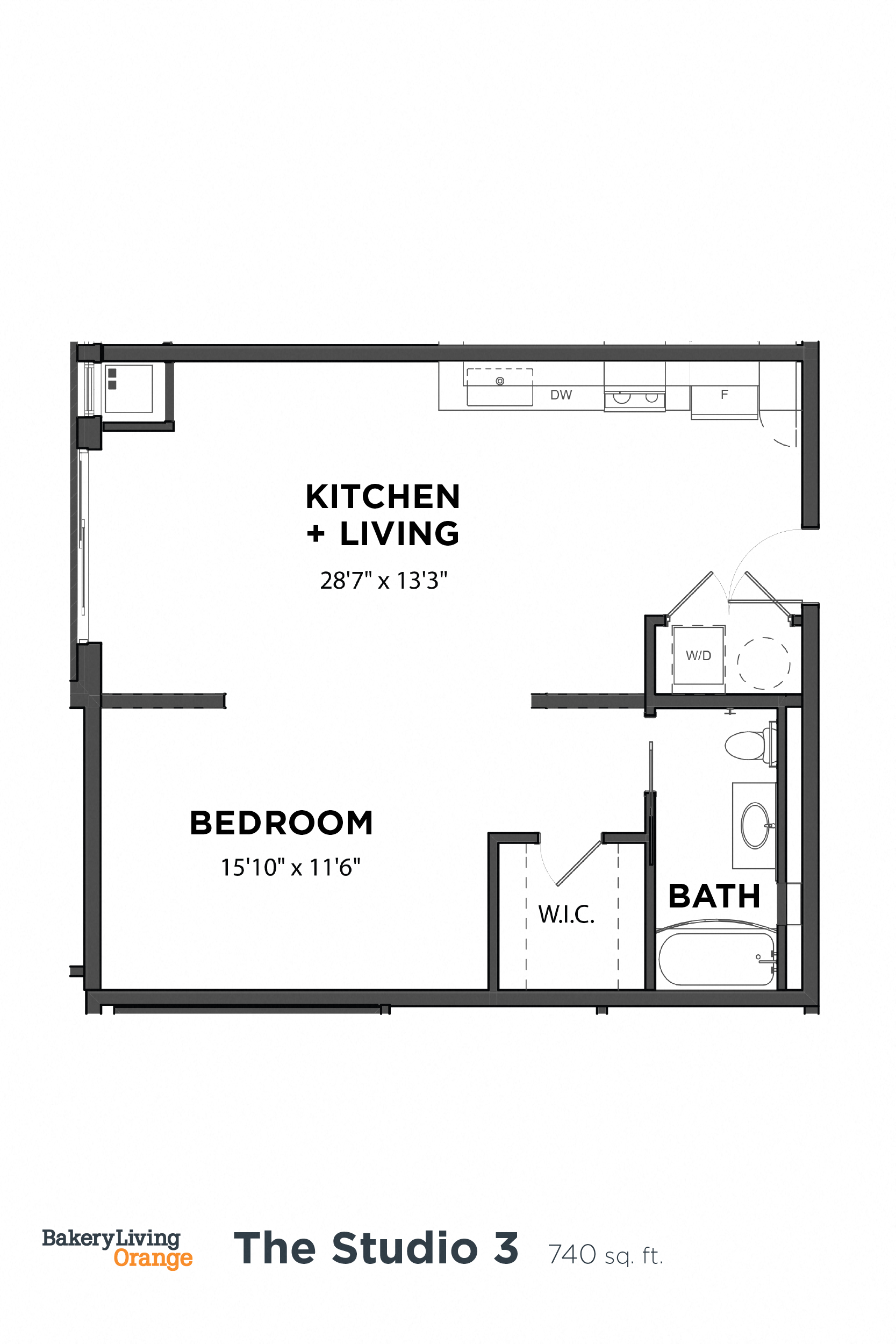 Floor plan for studio, 1 bath, 740 sqft