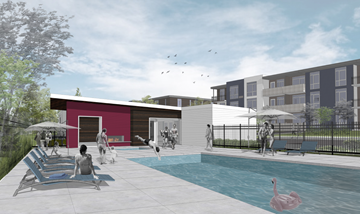 Tualatin apartment for rent - A modern poolside area with people relaxing and a pink building in the background.