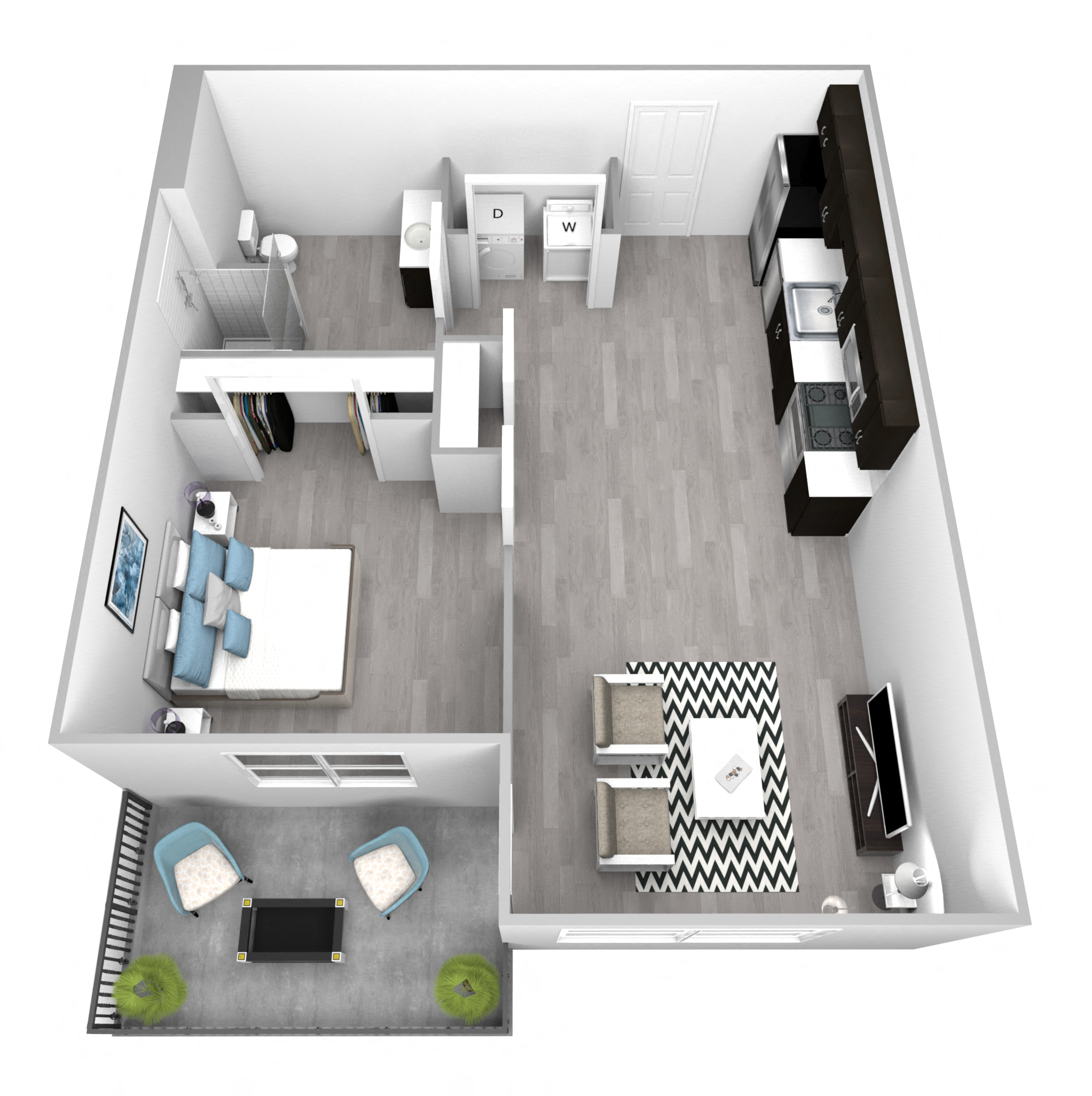 Floor plan for 1 bed, 1 bath, 632 sqft
