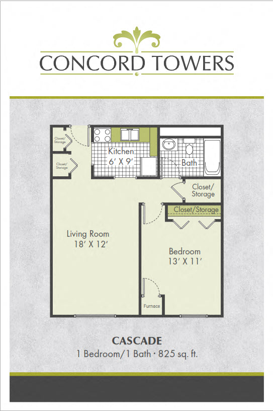 Floor plan for 1 bed, 1 bath, 825 sqft