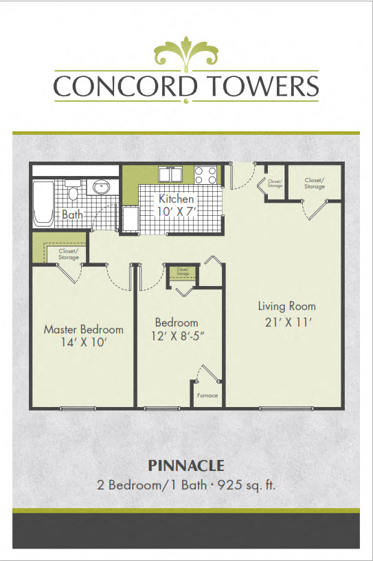 Floor plan for 2 beds, 1 bath, 925 sqft