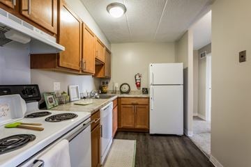 Madison Heights apartment for rent - A kitchen with a white fridge and wooden cabinets.