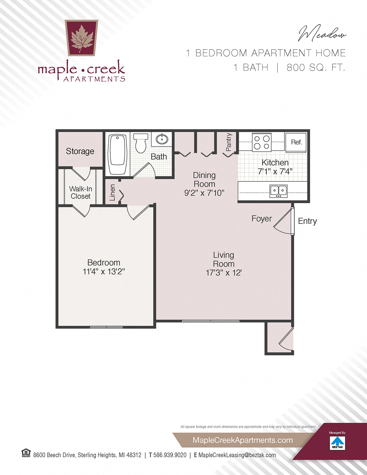 Floor plan for 1 bed, 1 bath, 800 sqft