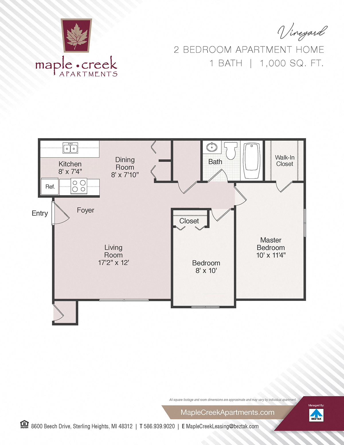 Floor plan for 2 beds, 1 bath, 1000 sqft