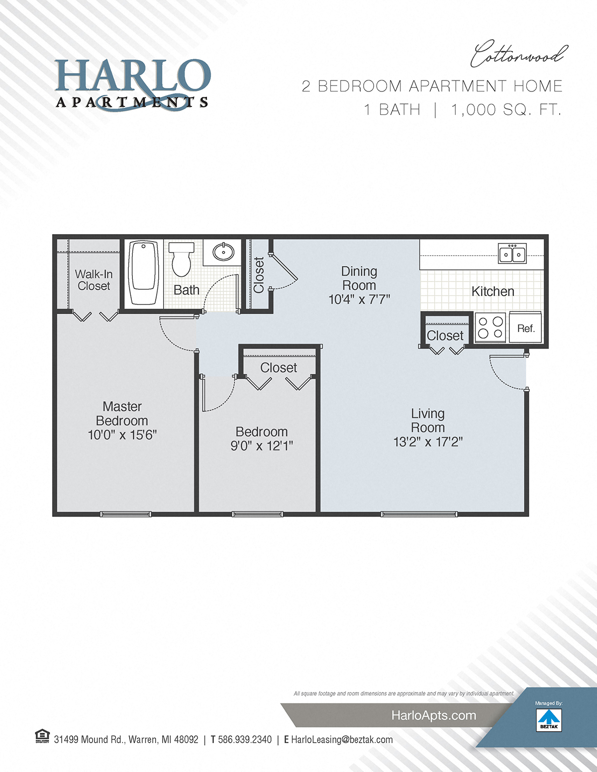 Floor plan for 2 beds, 1 bath, 1000 sqft