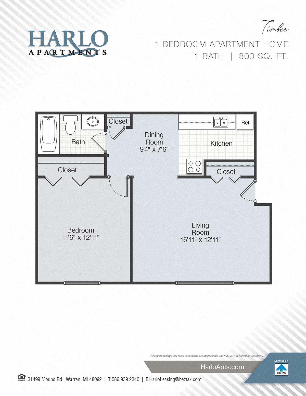 Floor plan for 1 bed, 1 bath, 800 sqft
