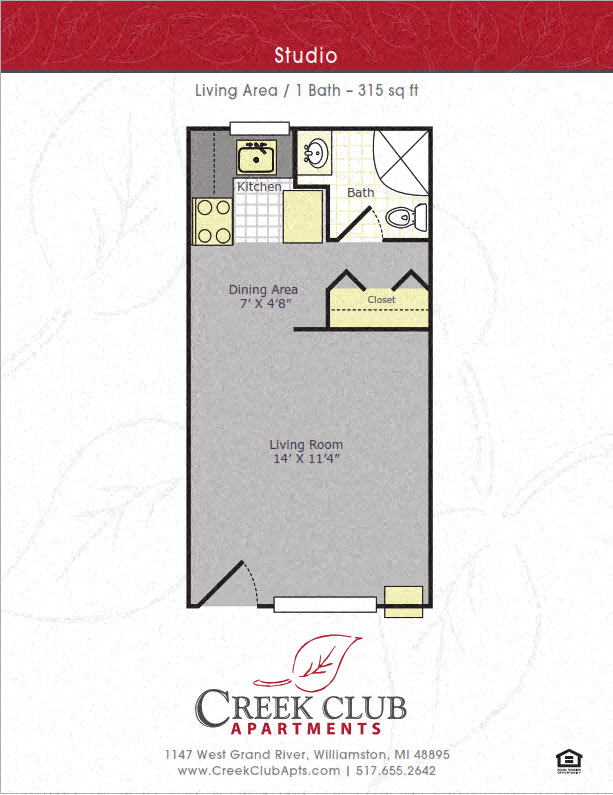 Floor plan for studio, 1 bath, 315 sqft