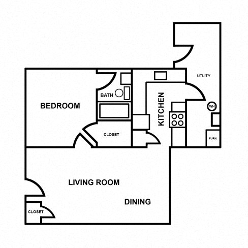 Floor plan for 1 bed, 1 bath, 680 sqft