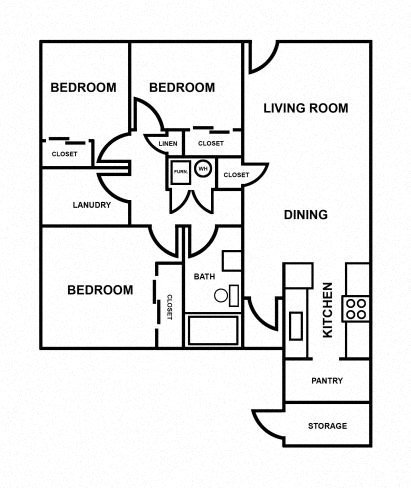 Floor plan for 3 beds, 1 bath, 900 sqft