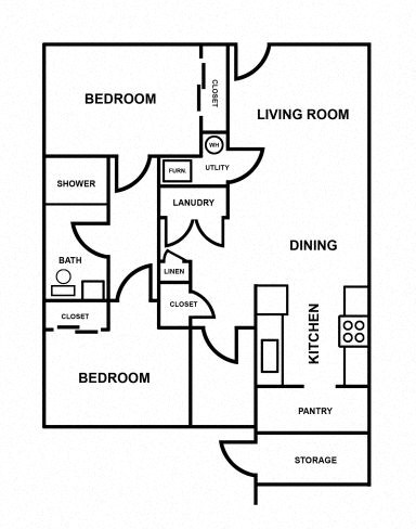 Floor plan for 2 beds, 1 bath, 800 sqft