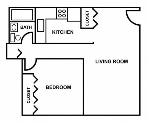 Floor plan for 1 bed, 1 bath, 593 sqft