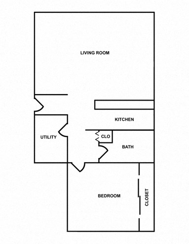 Floor plan for 1 bed, 1 bath, 613 sqft