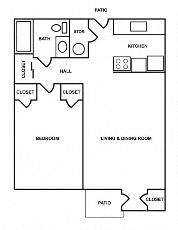 Floor plan for 1 bed, 1 bath, 613 sqft