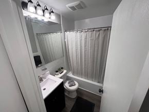 Saline apartment for rent - A bathroom with a toilet, sink, and shower curtain.