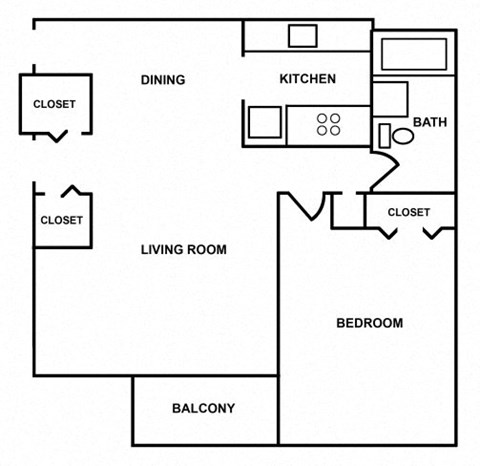 Floor plan for 1 bed, 1 bath, 750 sqft