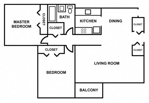 Floor plan for 2 beds, 1 bath, 1071 sqft